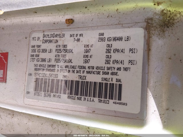 46164974 :رقم المزاد ، 1B7HC13ZX1J507283 vin ، 2001 Dodge Ram 1500 St مزاد بيع
