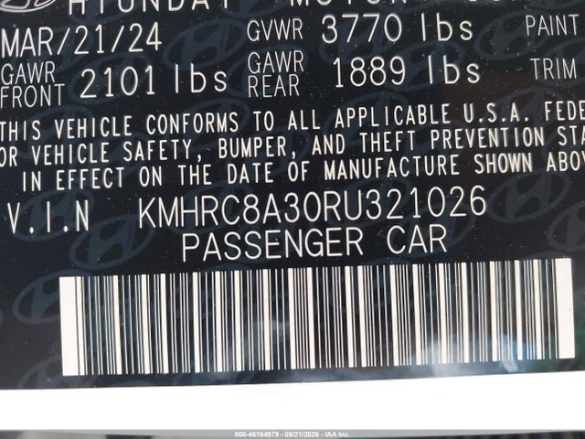 46164979 :رقم المزاد ، KMHRC8A30RU321026 vin ، 2024 Hyundai Venue Limited مزاد بيع