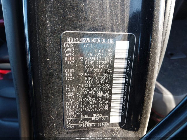 Продаж на аукціоні авто 2011 Nissan Juke Sl, vin: JN8AF5MV0BT025055, номер лоту: 46164987