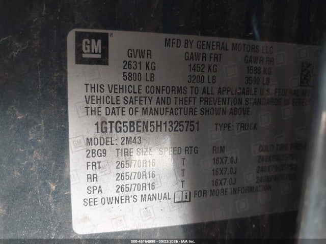 Продаж на аукціоні авто 2017 Gmc Canyon, vin: 1GTG5BEN5H1325751, номер лоту: 46164998