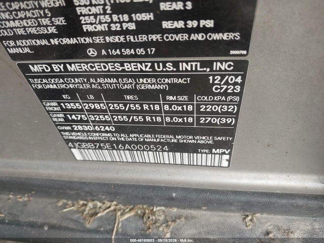 2006 Mercedes-benz Ml 500 4matic მანქანა იყიდება აუქციონზე, vin: 4JGBB75E16A000524, აუქციონის ნომერი: 46165003