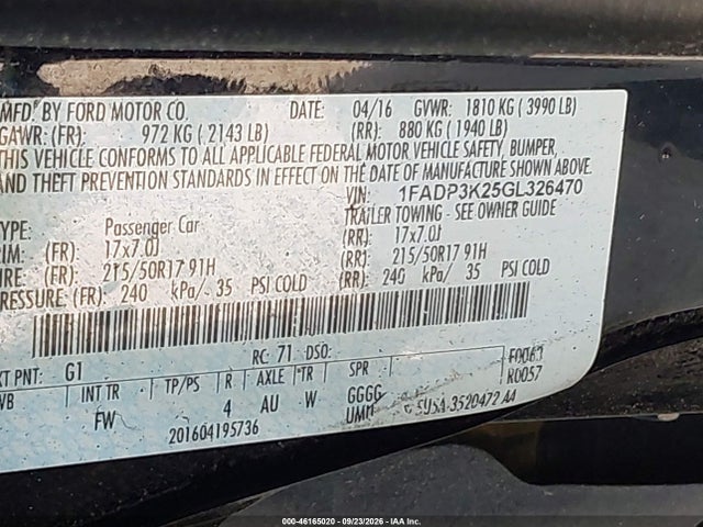 46165020 :رقم المزاد ، 1FADP3K25GL326470 vin ، 2016 Ford Focus Se مزاد بيع