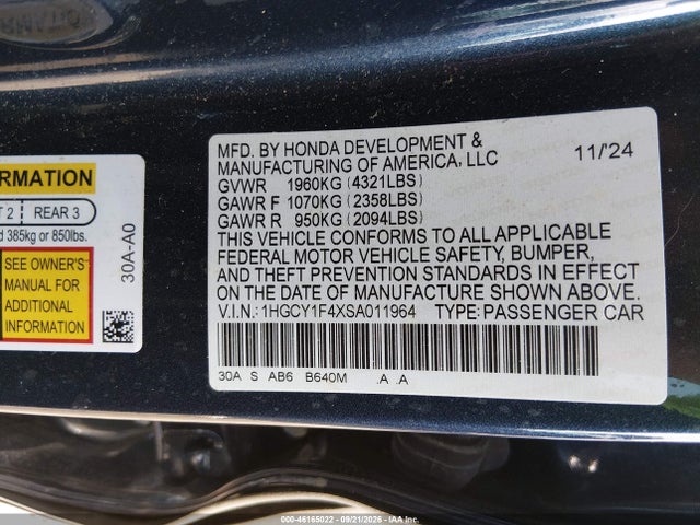 Aukcja sprzedaży 2025 Honda Accord Se, vin: 1HGCY1F4XSA011964, numer aukcji: 46165022