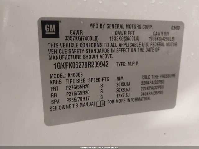 Aukcja sprzedaży 2009 Gmc Yukon Xl 1500 Denali, vin: 1GKFK06279R209942, numer aukcji: 46165044
