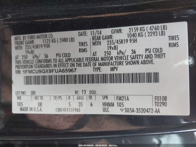 Продаж на аукціоні авто 2015 Ford Escape Se, vin: 1FMCU9GX9FUA65967, номер лоту: 46165049