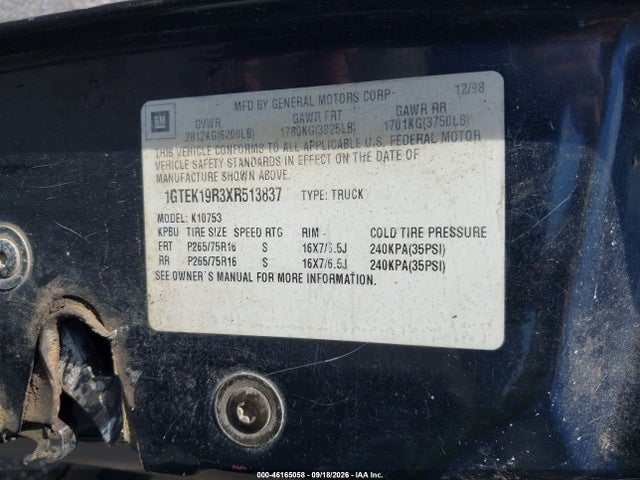 46165058 :رقم المزاد ، 1GTEK19R3XR513837 vin ، 1999 Gmc Sierra 1500 Sle مزاد بيع