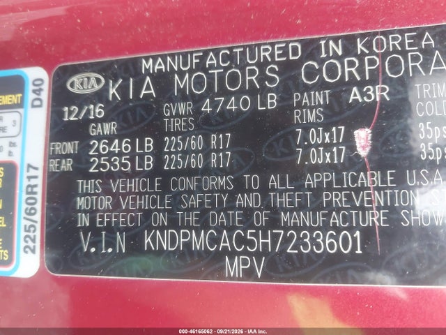 Продажа на аукционе авто 2017 Kia Sportage Lx, vin: KNDPMCAC5H7233601, номер лота: 46165062