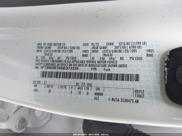 46165070 :رقم المزاد ، 1FT8W3BT8SED73335 vin ، 2025 Ford F-350 Xlt مزاد بيع