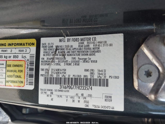 46165079 :رقم المزاد ، 3FA6P0G77FR233574 vin ، 2015 Ford Fusion S مزاد بيع