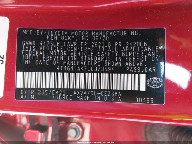Aukcja sprzedaży 2020 Toyota Camry Se, vin: 4T1G11AK7LU373594, numer aukcji: 46165084