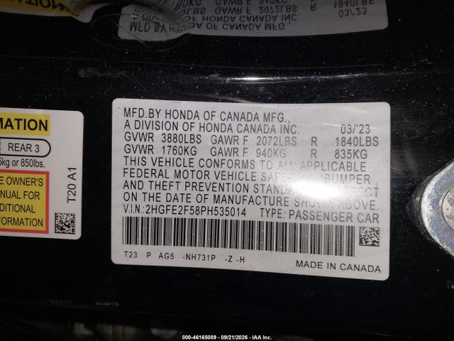 Продаж на аукціоні авто 2023 Honda Civic Sport, vin: 2HGFE2F58PH535014, номер лоту: 46165089