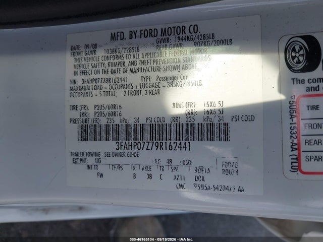 46165104 :رقم المزاد ، 3FAHP07Z79R162441 vin ، 2009 Ford Fusion Se مزاد بيع