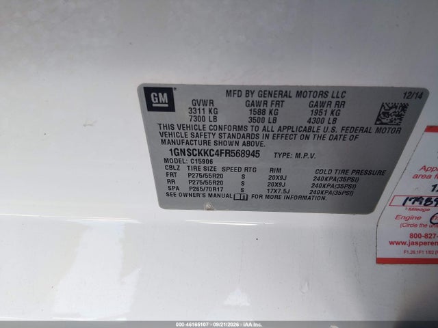 Aukcja sprzedaży 2015 Chevrolet Suburban 1500 Ltz, vin: 1GNSCKKC4FR568945, numer aukcji: 46165107