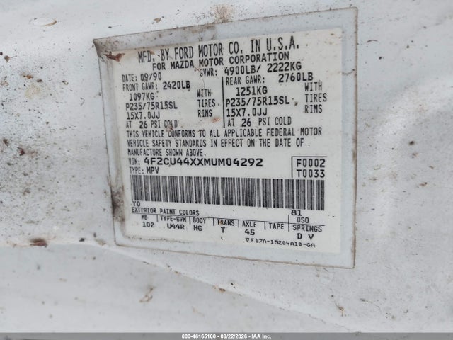 46165108 :رقم المزاد ، 4F2CU44XXMUM04292 vin ، 1991 Mazda Navajo Lx مزاد بيع