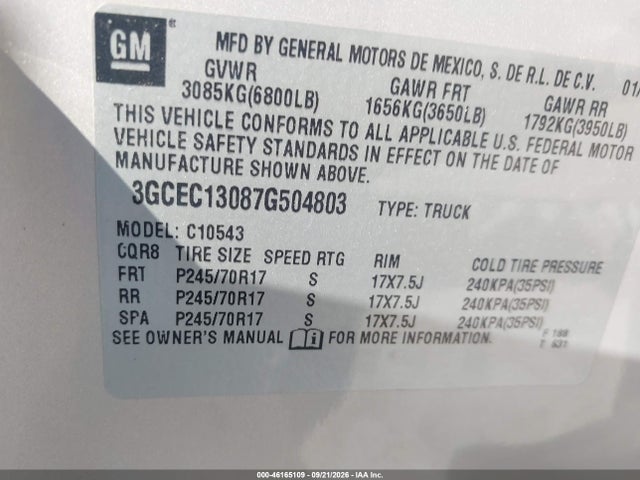 46165109 :رقم المزاد ، 3GCEC13087G504803 vin ، 2007 Chevrolet Silverado 1500 Lt1 مزاد بيع