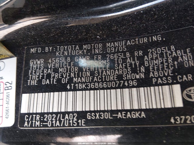 46165115 :رقم المزاد ، 4T1BK36B66U077496 vin ، 2006 Toyota Avalon Xls مزاد بيع