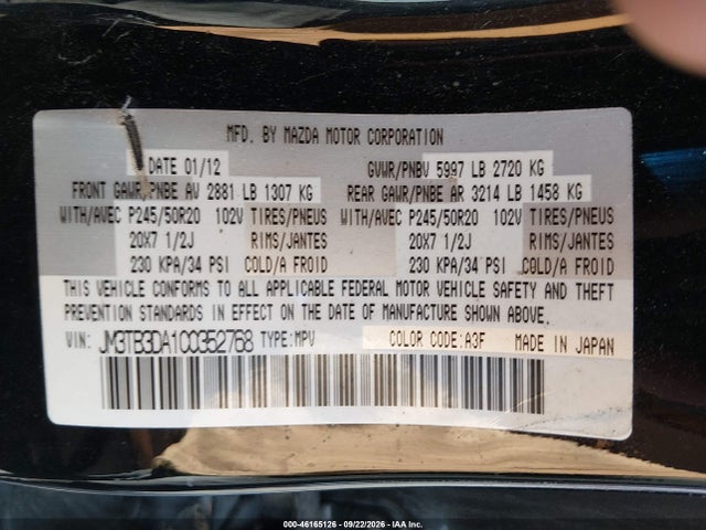 2012 Mazda Cx-9 Grand Touring მანქანა იყიდება აუქციონზე, vin: JM3TB3DA1C0352768, აუქციონის ნომერი: 46165126