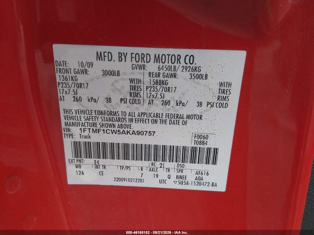 46165182 :رقم المزاد ، 1FTMF1CW5AKA90757 vin ، 2010 Ford F-150 Stx/xl/xlt/xlt W/mid-box Prep مزاد بيع