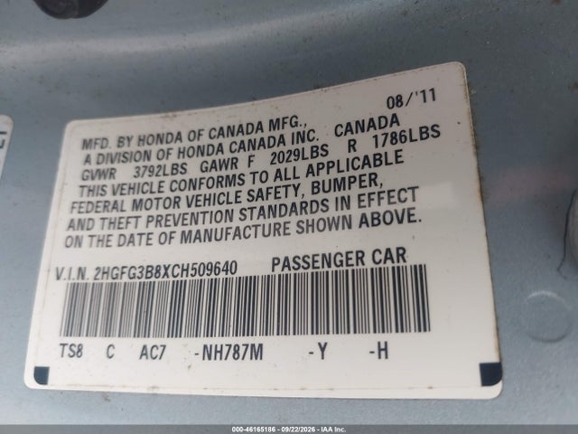 2012 Honda Civic Ex მანქანა იყიდება აუქციონზე, vin: 2HGFG3B8XCH509640, აუქციონის ნომერი: 46165186