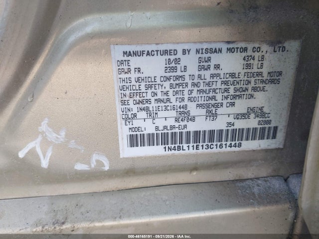 Продажа на аукционе авто 2003 Nissan Altima 3.5 Se, vin: 1N4BL11E13C161448, номер лота: 46165191