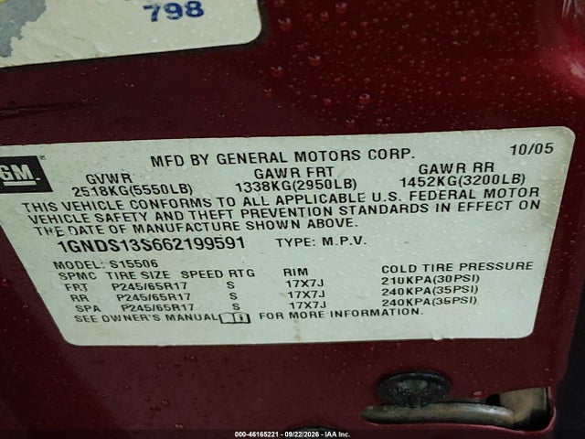 Продажа на аукционе авто 2006 Chevrolet Trailblazer Lt, vin: 1GNDS13S662199591, номер лота: 46165221