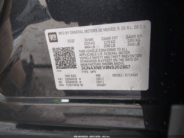 Продаж на аукціоні авто 2022 Chevrolet Equinox Fwd Premier, vin: 3GNAXNEV8NS202867, номер лоту: 46165229