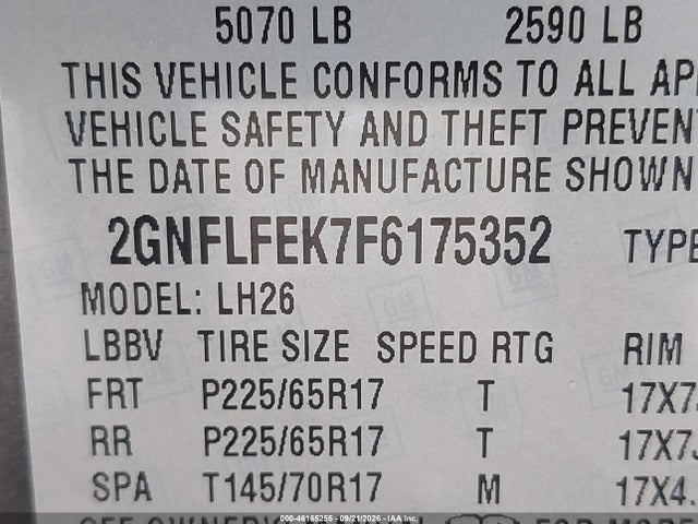 46165255 :رقم المزاد ، 2GNFLFEK7F6175352 vin ، 2015 Chevrolet Equinox 1lt مزاد بيع