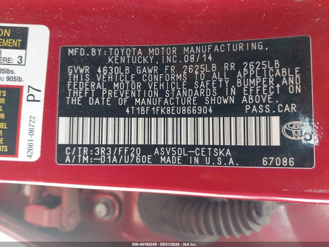 Auction sale of the 2014 Toyota Camry Se, vin: 4T1BF1FK8EU866904, lot number: 46165259