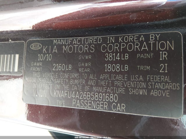 Продажа на аукционе авто 2011 Kia Forte Ex, vin: KNAFU4A26B5891680, номер лота: 46165268