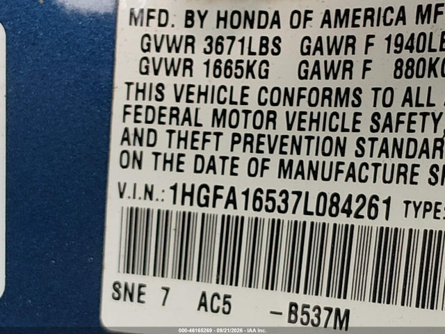 Продаж на аукціоні авто 2007 Honda Civic Lx, vin: 1HGFA16537L084261, номер лоту: 46165269