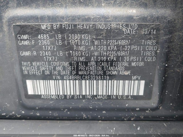 2014 Subaru Outback 2.5i Limited მანქანა იყიდება აუქციონზე, vin: 4S4BRBLC8E3298119, აუქციონის ნომერი: 46165273