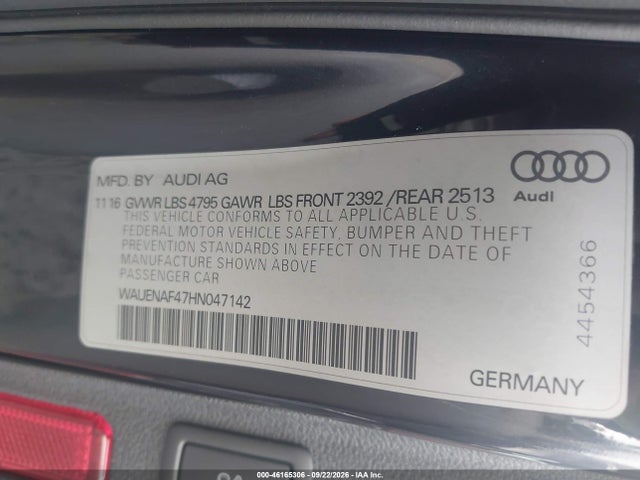 46165306 :رقم المزاد ، WAUENAF47HN047142 vin ، 2017 Audi A4 2.0t Premium مزاد بيع