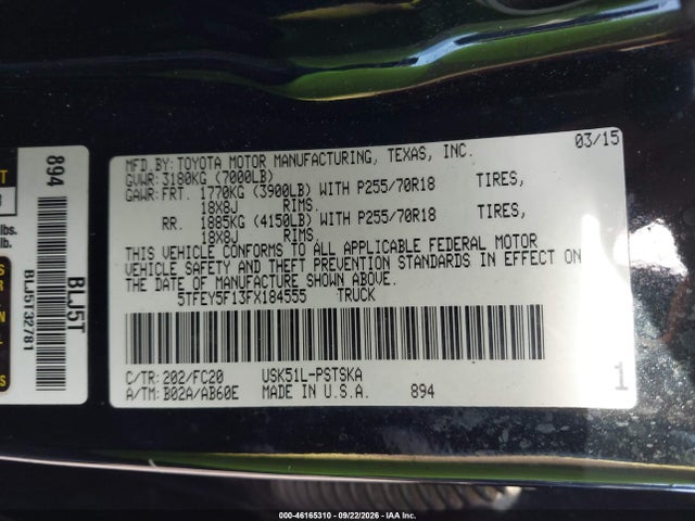 Продажа на аукционе авто 2015 Toyota Tundra Sr5 5.7l V8, vin: 5TFEY5F13FX184555, номер лота: 46165310