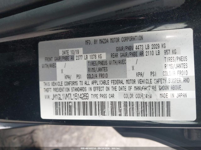 46165314 :رقم المزاد ، JM1GL1VM7L1514269 vin ، 2020 Mazda Mazda6 Touring مزاد بيع