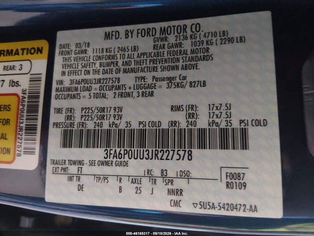 Продажа на аукционе авто 2018 Ford Fusion Hybrid S, vin: 3FA6P0UU3JR227578, номер лота: 46165317