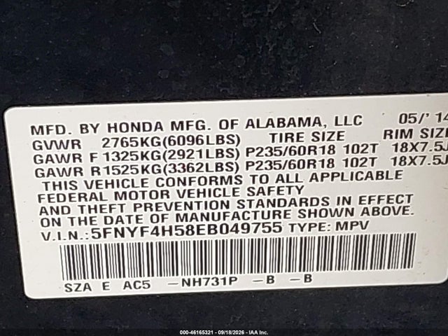 2014 Honda Pilot Ex-l მანქანა იყიდება აუქციონზე, vin: 5FNYF4H58EB049755, აუქციონის ნომერი: 46165321