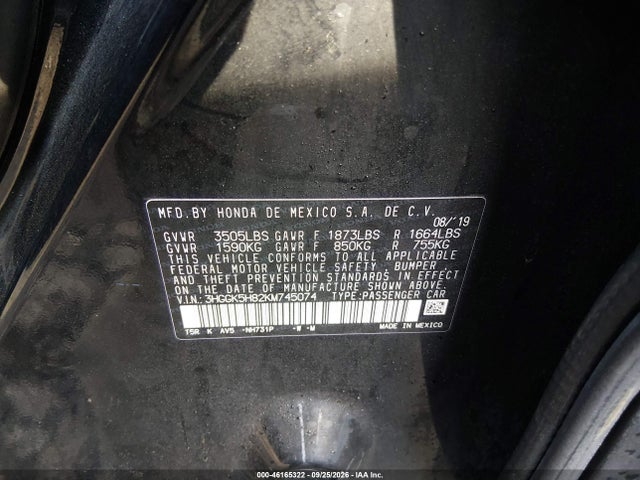 2019 Honda Fit Ex მანქანა იყიდება აუქციონზე, vin: 3HGGK5H82KM745074, აუქციონის ნომერი: 46165322