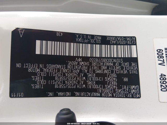 46165334 :رقم المزاد ، 5TDYK3DC6BS116550 vin ، 2011 Toyota Sienna Ltd مزاد بيع