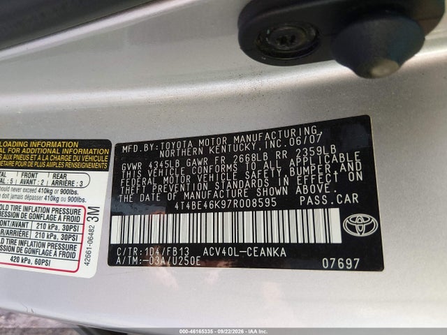 2007 Toyota Camry Ce მანქანა იყიდება აუქციონზე, vin: 4T4BE46K97R008595, აუქციონის ნომერი: 46165335