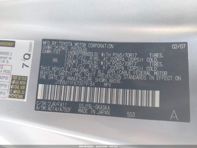 Aukcja sprzedaży 2007 Toyota Fj Cruiser, vin: JTEBU11F670079184, numer aukcji: 46165361