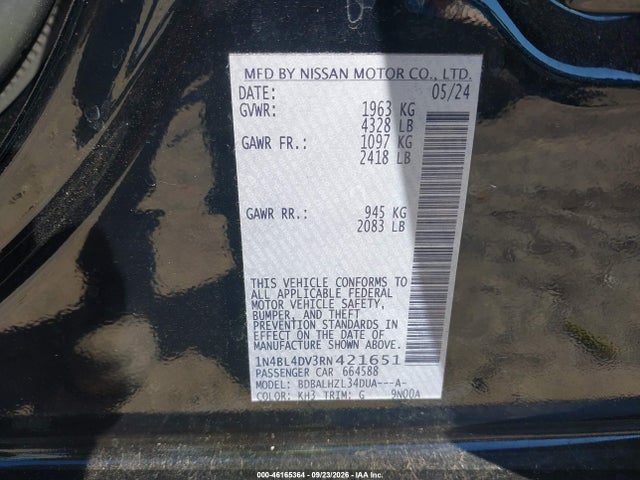 46165364 :رقم المزاد ، 1N4BL4DV3RN421651 vin ، 2024 Nissan Altima Sv Fwd مزاد بيع