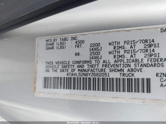 Aukcja sprzedaży 2000 Toyota Tacoma, vin: 4TAVL52N8YZ682051, numer aukcji: 46165368
