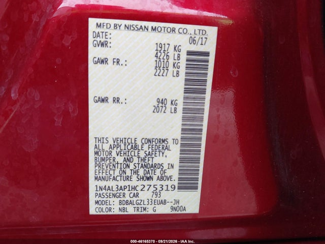 46165370 :رقم المزاد ، 1N4AL3AP1HC275319 vin ، 2017 Nissan Altima 2.5 S مزاد بيع