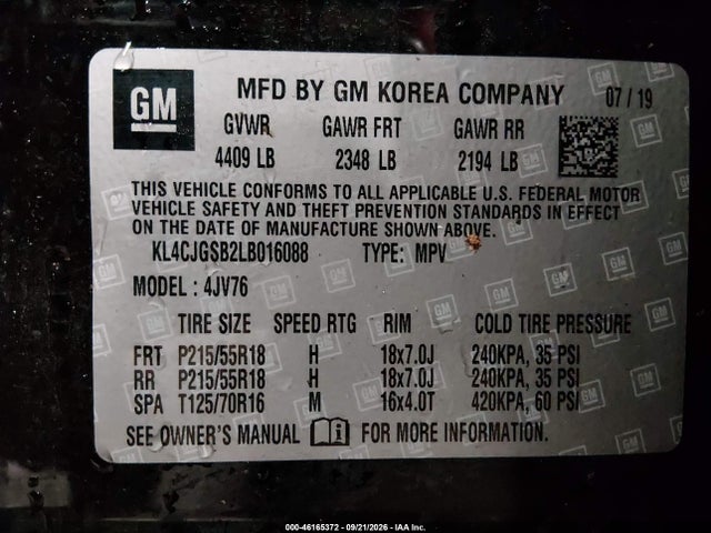46165372 :رقم المزاد ، KL4CJGSB2LB016088 vin ، 2020 Buick Encore Awd Essence مزاد بيع