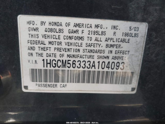 46165378 :رقم المزاد ، 1HGCM56333A104093 vin ، 2003 Honda Accord 2.4 Lx مزاد بيع