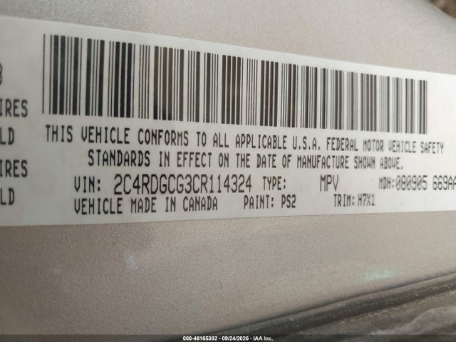46165382 :رقم المزاد ، 2C4RDGCG3CR114324 vin ، 2012 Dodge Grand Caravan Sxt مزاد بيع