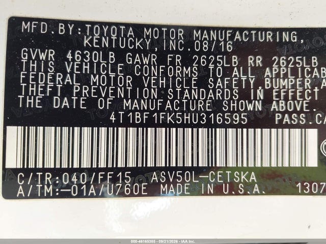 46165385 :رقم المزاد ، 4T1BF1FK5HU316595 vin ، 2017 Toyota Camry Se مزاد بيع
