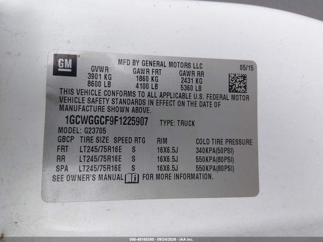 46165390 :رقم المزاد ، 1GCWGGCF9F1225907 vin ، 2015 Chevrolet Express 2500 Work Van مزاد بيع