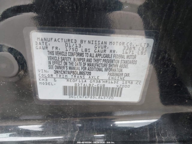 46165394 :رقم المزاد ، 3N1CN7AP8DL865720 vin ، 2013 Nissan Versa 1.6 Sv مزاد بيع