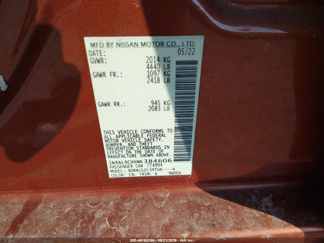 46165396 :رقم المزاد ، 1N4AL4CVXNN384606 vin ، 2022 Nissan Altima 2.0 Sr مزاد بيع